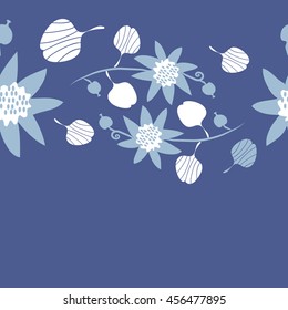 Seamless horizontal   pattern of floral motif, doodles, flowers, leaves, spot, branch, spirals, hole,  object, copy space. Hand drawn.