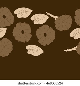 Seamless  horizontal  pattern of floral motif,  doodles,  object,flowers, leaves, ellipses, hole, copy space  . Hand drawn.
