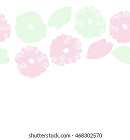 Seamless   horizontal  pattern of floral motif,  doodles, spirals, object,flowers, leaves, ellipses, hole, copy space. Hand drawn.