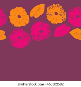 Seamless   horizontal  pattern of floral motif,  doodles, spirals, object,flowers, leaves, ellipses, hole, copy space. Hand drawn.