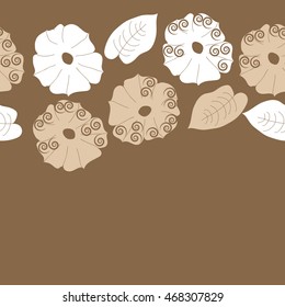 Seamless   horizontal  pattern of floral motif,  doodles, spirals, object,flowers, leaves, ellipses, hole, copy space. Hand drawn.