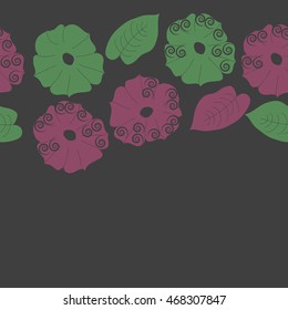 Seamless   horizontal  pattern of floral motif,  doodles, spirals, object,flowers, leaves, ellipses, hole, copy space. Hand drawn.