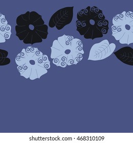 Seamless   horizontal  pattern of floral motif,  doodles, spirals, object,flowers, leaves, ellipses, hole, copy space. Hand drawn.