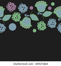 Seamless  horizontal  pattern of floral motifs, doodles,  object,leaves, flowers, spirals, ellipses, bell, spot. Hand drawn.