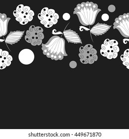 Seamless  horizontal  pattern of floral motifs, doodles,  object,leaves, flowers, spirals, ellipses, bell, spot. Hand drawn.