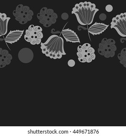 Seamless  horizontal  pattern of floral motifs, doodles,  object,leaves, flowers, spirals, ellipses, bell, spot. Hand drawn.