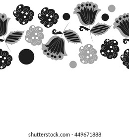 Seamless  horizontal  pattern of floral motifs, doodles,  object,leaves, flowers, spirals, ellipses, bell, spot. Hand drawn.
