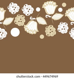 Seamless  horizontal  pattern of floral motifs, doodles,  object,leaves, flowers, spirals, ellipses, bell, spot. Hand drawn.