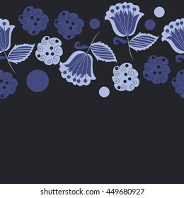  Seamless  horizontal  pattern of floral motifs, doodles,  object,leaves, flowers, spirals, ellipses, bell, spot. Hand drawn.