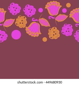  Seamless  horizontal  pattern of floral motifs, doodles,  object,leaves, flowers, spirals, ellipses, bell, spot. Hand drawn.