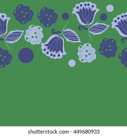  Seamless  horizontal  pattern of floral motifs, doodles,  object,leaves, flowers, spirals, ellipses, bell, spot. Hand drawn.