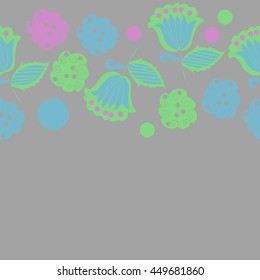 Seamless  horizontal  pattern of floral motifs, doodles,  object,leaves, flowers, spirals, ellipses, bell, spot. Hand drawn.