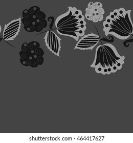 Seamless horizontal pattern of floral motifs, doodles,  object,leaves, flowers, spirals, stripes,ellipses, bell, spot. Hand drawn.