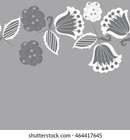 Seamless horizontal pattern of floral motifs, doodles,  object,leaves, flowers, spirals, stripes,ellipses, bell, spot. Hand drawn.