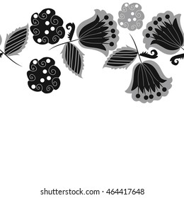 Seamless horizontal pattern of floral motifs, doodles,  object,leaves, flowers, spirals, stripes,ellipses, bell, spot. Hand drawn.