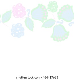Seamless horizontal pattern of floral motifs, doodles,  object,leaves, flowers, spirals, stripes,ellipses, bell, spot. Hand drawn.