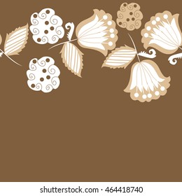Seamless horizontal pattern of floral motifs, doodles,  object,leaves, flowers, spirals, stripes,ellipses, bell, spot. Hand drawn.