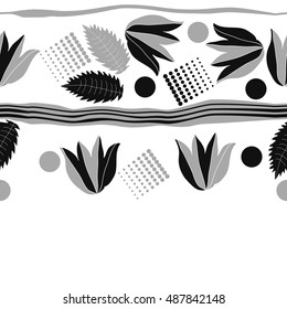 Seamless horizontal  pattern of  floral motif,stripes, halftone.