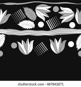 Seamless horizontal  pattern of  floral motif,stripes, halftone.
