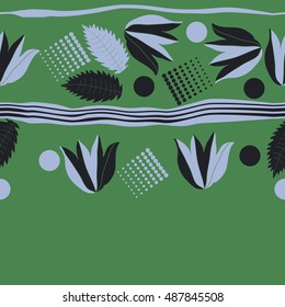 Seamless horizontal  pattern of  floral motif,stripes, halftone.