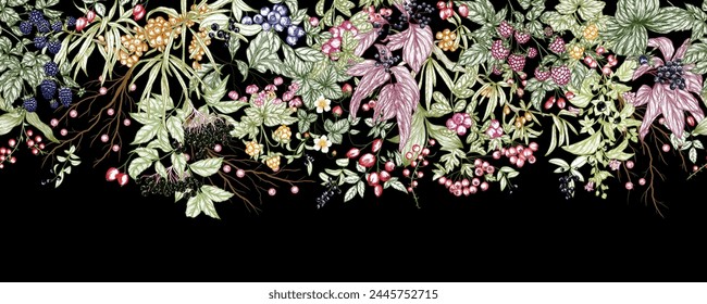 Seamless horizontal pattern of forest berries. Cowberry, sea buckthorn, rose hips, ligustrum, hawthorn, elderberry, paris, blackberry, euonymus, belladonna, strawberry, blueberry, cloudberry