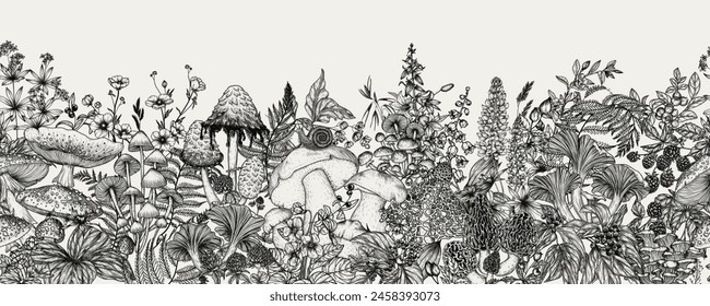 Seamless horizontal pattern  forest plants. Mushrooms, flowers, berries. Fly agaric, porcini mushroom, honey mushrooms, oyster mushrooms, violets, cloudberries