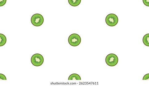 Seamless horizontal pattern with fresh hand-drawn kiwi slices. A vector doodle summer repeat ideal for decoration, print, and fruity-themed designs.