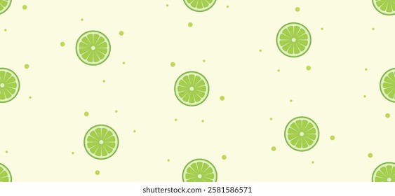 Seamless horizontal pattern with fresh lime fruit. Vector lime slices citrus repeat pattern for decoration and print. Citrus repetition pattern