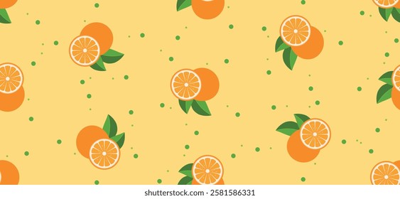 Seamless horizontal pattern with fresh orange fruit. Vector lime slices citrus repeat pattern for decoration and print. Citrus repetition pattern