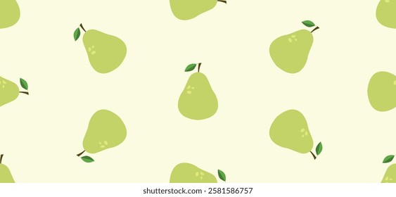 Seamless horizontal pattern with fresh pear fruit. Vector green pear repeat pattern for decoration and print. Food repetition pattern