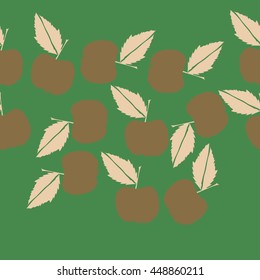 Seamless horizontal pattern of fruits, doodles,  object, apples, leaves, copy space. Hand drawn.