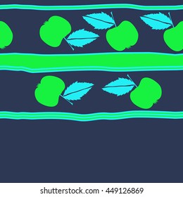 Seamless horizontal pattern of fruits, doodles,  object, apples, leaves, stripes, spot, copy space. Hand drawn.