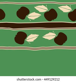 Seamless horizontal pattern of fruits, doodles,  object, apples, leaves, stripes, spot, copy space. Hand drawn.