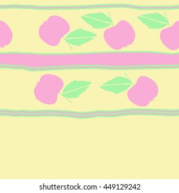 Seamless horizontal pattern of fruits, doodles,  object, apples, leaves, stripes, spot, copy space. Hand drawn.