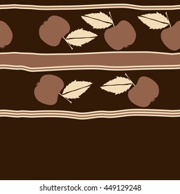 Seamless horizontal pattern of fruits, doodles,  object, apples, leaves, stripes, spot, copy space. Hand drawn.
