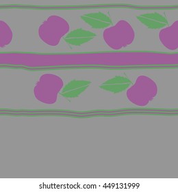 Seamless horizontal pattern of fruits, doodles,  object, apples, leaves, stripes, spot, copy space. Hand drawn.