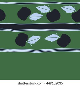 Seamless horizontal pattern of fruits, doodles,  object, apples, leaves, stripes, spot, copy space. Hand drawn.