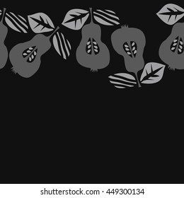 Seamless  horizontal pattern of fruits, doodles,  object, pears, leaves, grains, hole, copy space. Hand drawn.