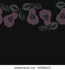 Seamless  horizontal pattern of fruits, doodles,  object, pears, leaves, grains, hole, copy space. Hand drawn.