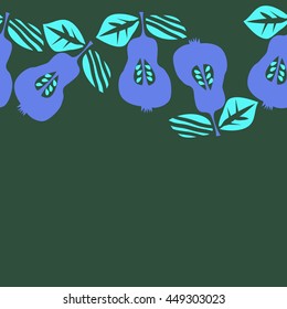 Seamless  horizontal pattern of fruits, doodles,  object, pears, leaves, grains, hole, copy space. Hand drawn.