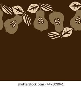 Seamless  horizontal pattern of fruits, doodles,  object, pears, leaves, grains, hole, copy space. Hand drawn.