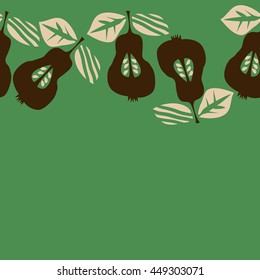 Seamless  horizontal pattern of fruits, doodles,  object, pears, leaves, grains, hole, copy space. Hand drawn.