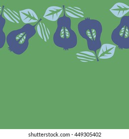 Seamless  horizontal pattern of fruits, doodles,  object, pears, leaves, grains, hole, copy space. Hand drawn.