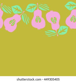 Seamless  horizontal pattern of fruits, doodles,  object, pears, leaves, grains, hole, copy space. Hand drawn.