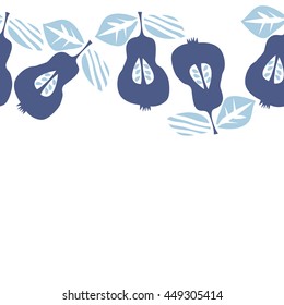 Seamless  horizontal pattern of fruits, doodles,  object, pears, leaves, grains, hole, copy space. Hand drawn.