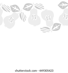 Seamless  horizontal pattern of fruits, doodles,  object, pears, leaves, grains, hole, copy space. Hand drawn.