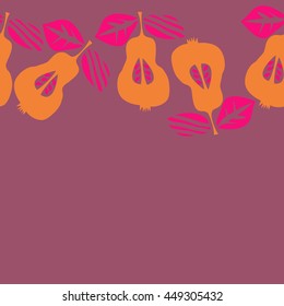 Seamless  horizontal pattern of fruits, doodles,  object, pears, leaves, grains, hole, copy space. Hand drawn.