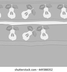 Seamless horizontal  pattern of fruits, doodles,  object, pears, leaves, grains, hole,stripes, spot, copy space. Hand drawn.