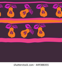 Seamless horizontal  pattern of fruits, doodles,  object, pears, leaves, grains, hole,stripes, spot, copy space. Hand drawn.