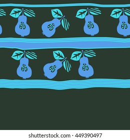 Seamless horizontal  pattern of fruits, doodles,  object, pears, leaves, grains, hole,stripes, spot, copy space. Hand drawn.